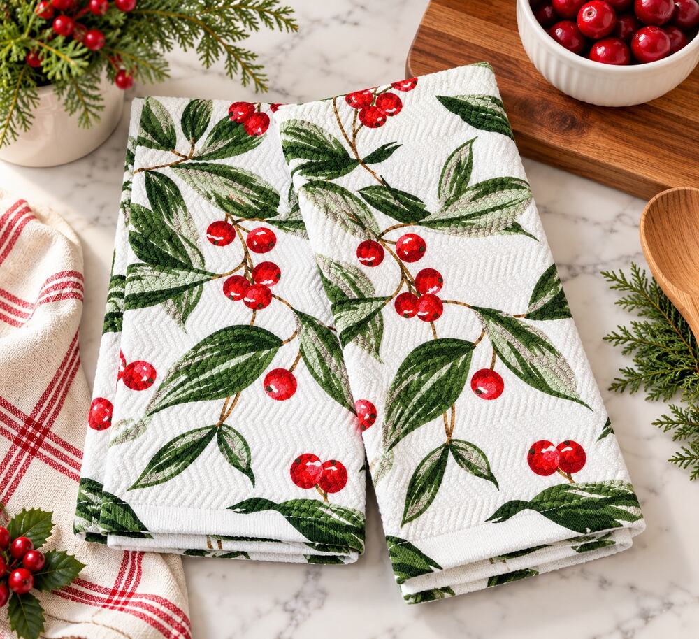 Lauren Ralph Lauren Christmas Holly Berry Kitchen Towels Set of 2 NWT